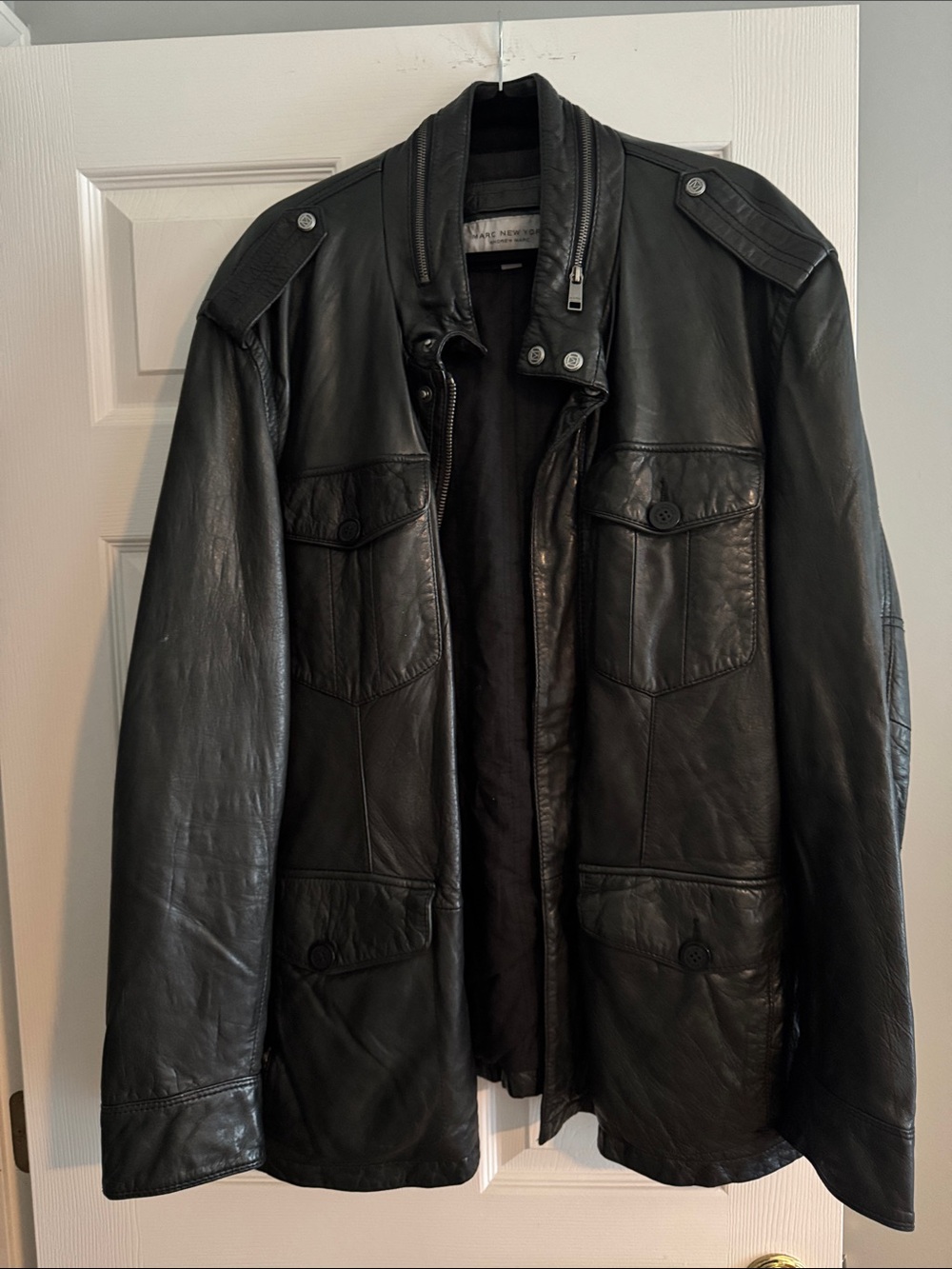 Men’s Marc New York Black Leather Military Field Jacket Size 2XL